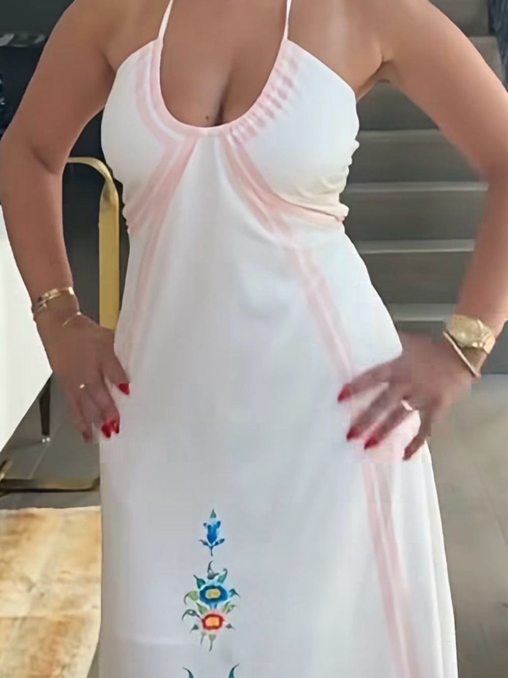 Commense White and Light Pink Midi Dress with Floral Embroidery